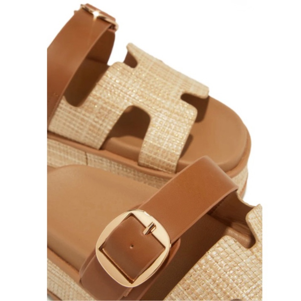 Beige Raffia Slip On Chunky Platform Sandals - Picture 4 of 7
